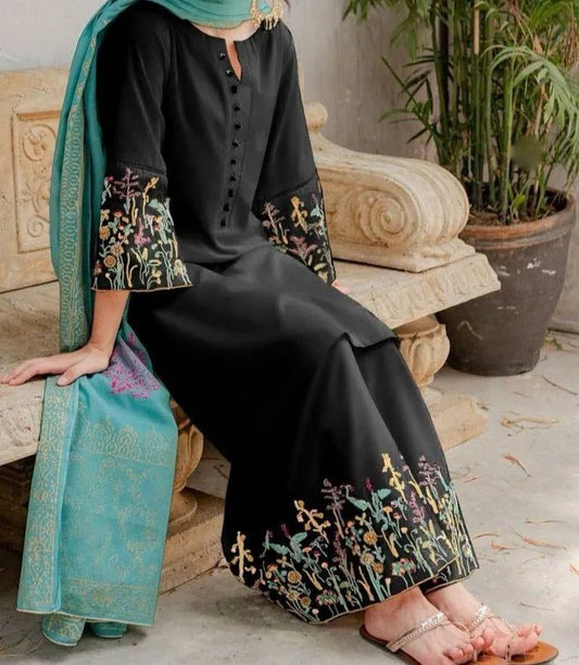 Black Embroidered 3-Piece Lawn Suit with Dupatta