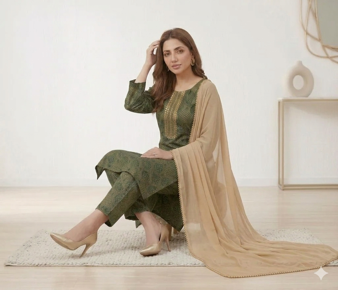 Green Printed Linen 3Pcs Women Suit with Chiffon Dupatta 5 in stock