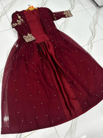 Maroon Shamoz Silk Gown Suit for  Wear
