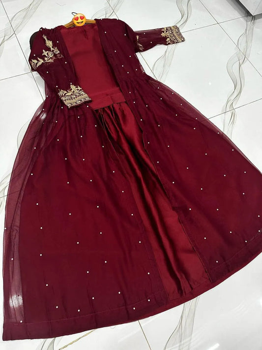 Maroon Shamoz Silk Gown Suit for  Wear