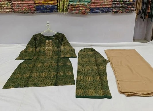 Green Printed Linen 3Pcs Women Suit with Chiffon Dupatta 5 in stock