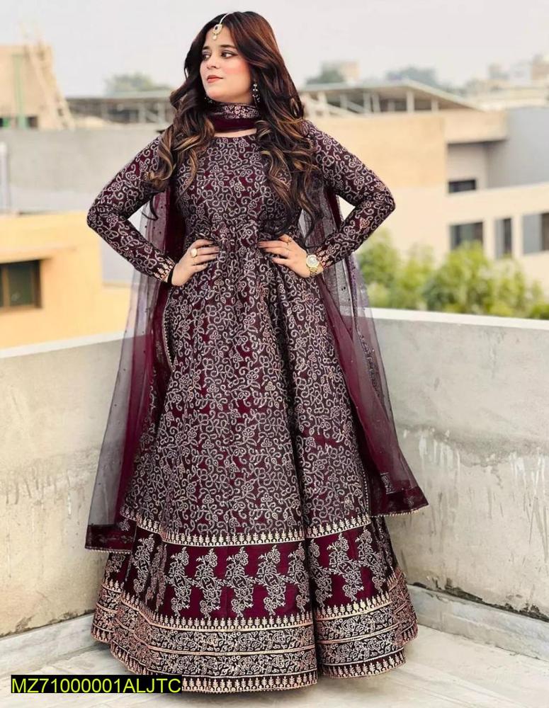 Women Katan Silk Printed Maxi Suit Set 3 Piece Regular