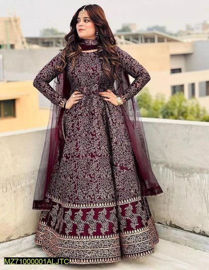 Women Katan Silk Printed Maxi Suit Set 3 Piece Regular