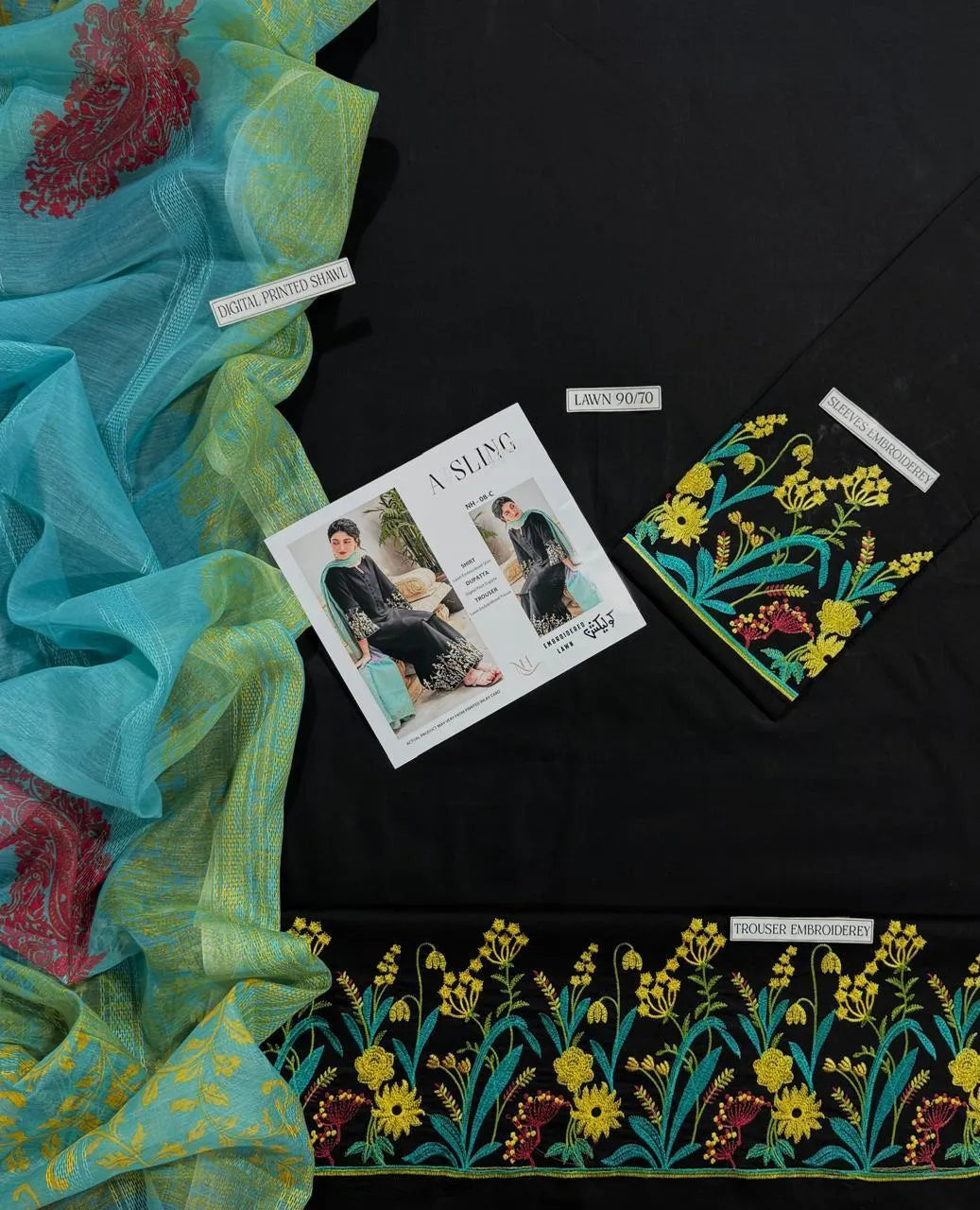 Black Embroidered 3-Piece Lawn Suit with Dupatta