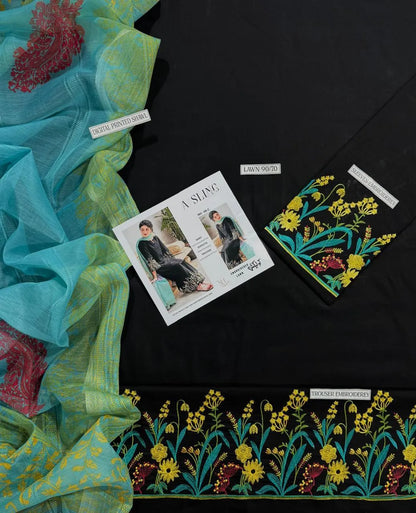 Black Embroidered 3-Piece Lawn Suit with Dupatta